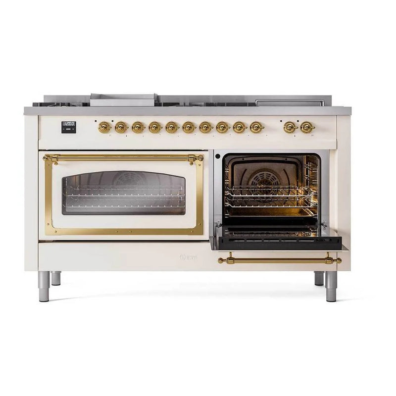 ILVE Nostalgie II Noblesse 60" Dual Fuel Freestanding Range in Antique White with Brass Trim, UN60FSNMPAWGLP