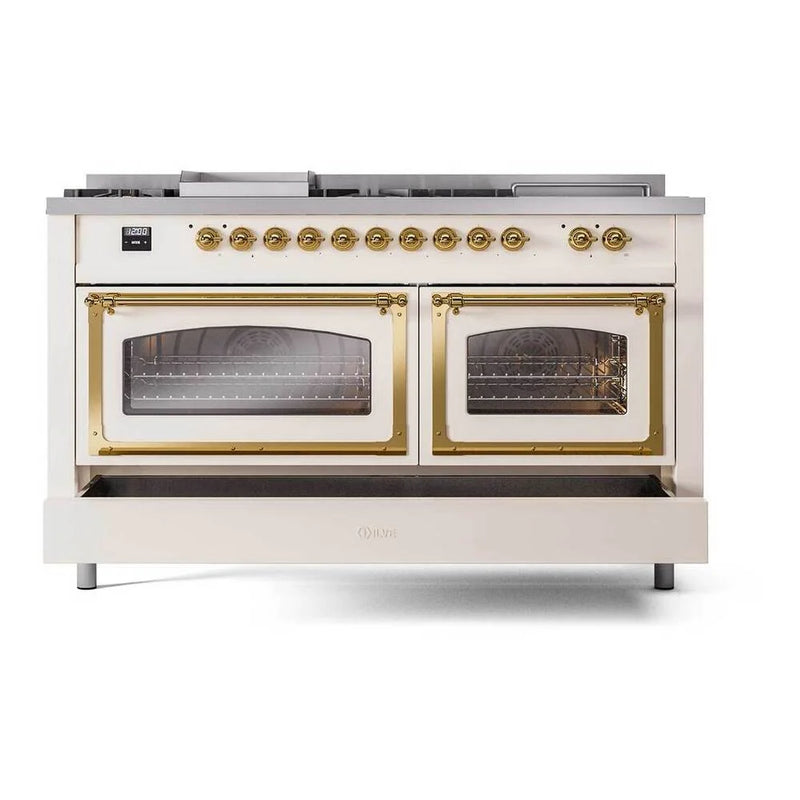 ILVE Nostalgie II Noblesse 60" Dual Fuel Freestanding Range in Antique White with Brass Trim, UN60FSNMPAWGLP