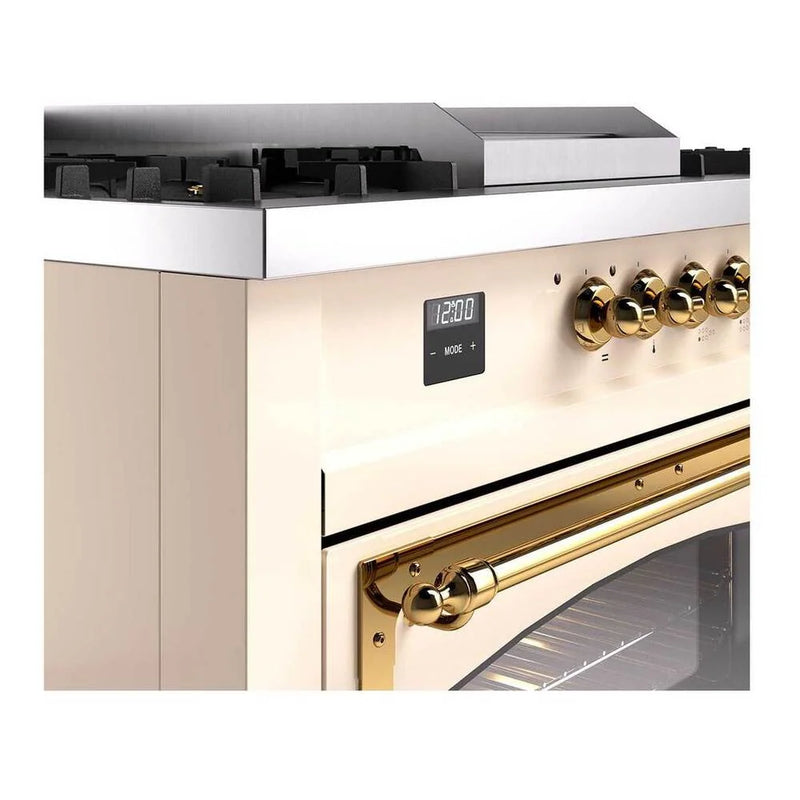 ILVE Nostalgie II Noblesse 60" Dual Fuel Freestanding Range in Antique White with Brass Trim, UN60FSNMPAWGLP