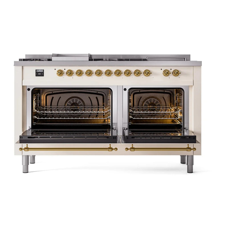 ILVE Nostalgie II Noblesse 60" Dual Fuel Freestanding Range in Antique White with Brass Trim, UN60FSNMPAWG