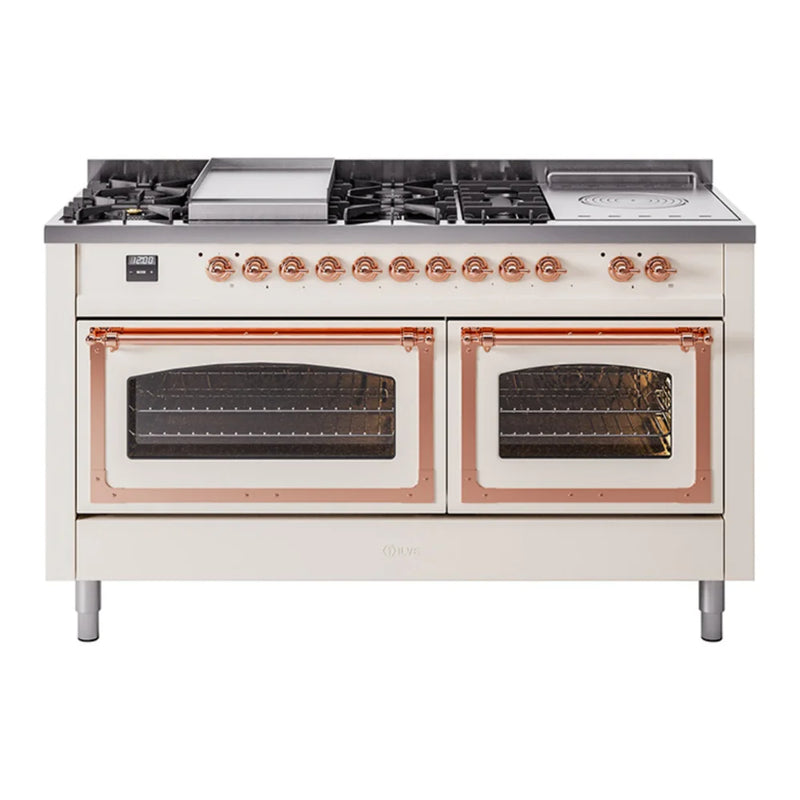 ILVE Nostalgie II Noblesse 60" Dual Fuel Freestanding Range in Antique White with Copper Trim, UN60FSNMPAWPLP