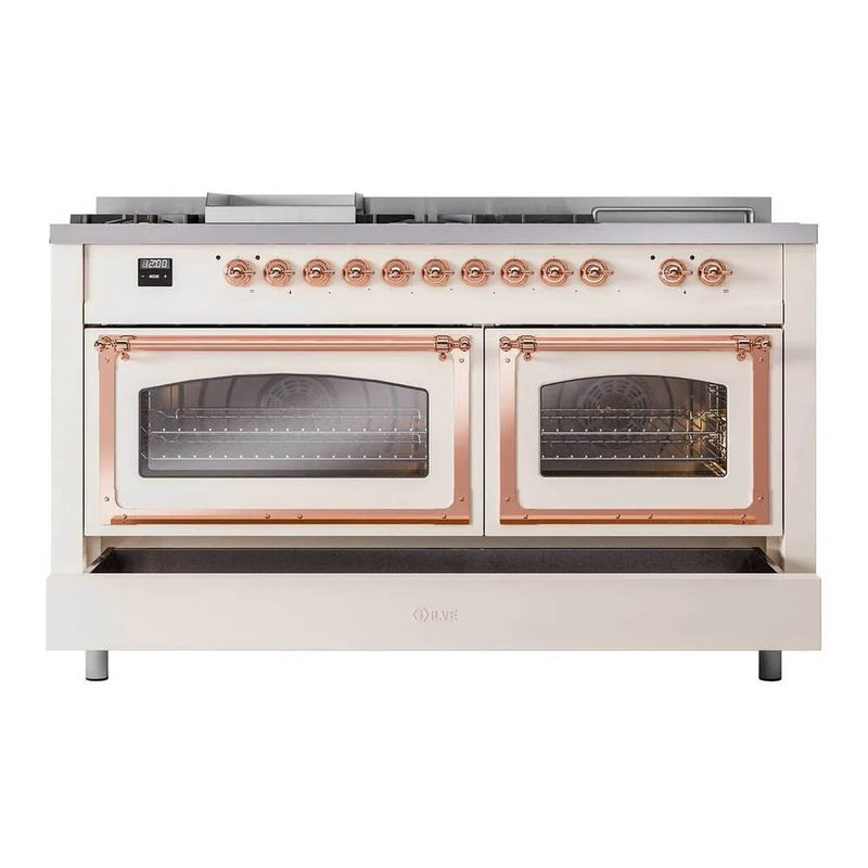 ILVE Nostalgie II Noblesse 60" Dual Fuel Freestanding Range in Antique White with Copper Trim, UN60FSNMPAWPLP