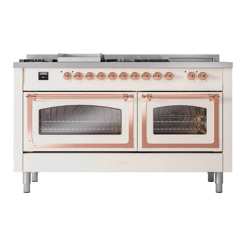 ILVE Nostalgie II Noblesse 60" Dual Fuel Freestanding Range in Antique White with Copper Trim, UN60FSNMPAWP