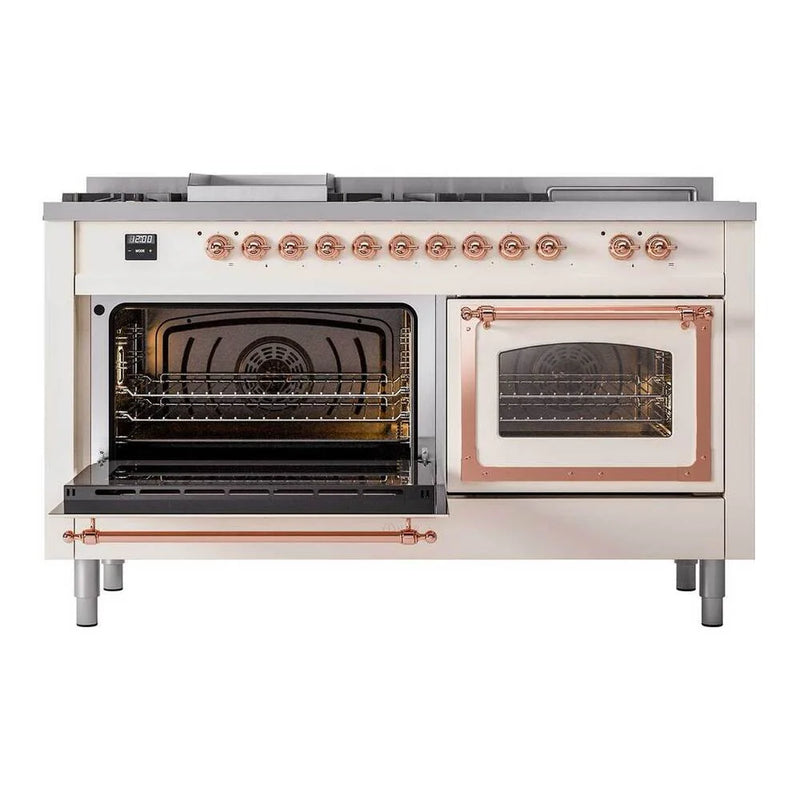 ILVE Nostalgie II Noblesse 60" Dual Fuel Freestanding Range in Antique White with Copper Trim, UN60FSNMPAWP