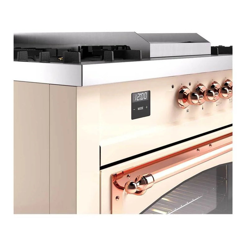 ILVE Nostalgie II Noblesse 60" Dual Fuel Freestanding Range in Antique White with Copper Trim, UN60FSNMPAWP