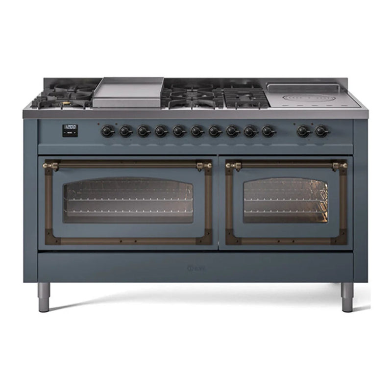 ILVE Nostalgie II Noblesse 60" Dual Fuel Freestanding Range in Blue Grey with Burnished Trim, UN60FSNMPBGB