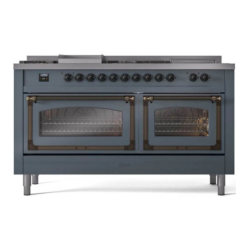 ILVE Nostalgie II Noblesse 60" Dual Fuel Freestanding Range in Blue Grey with Burnished Trim, UN60FSNMPBGB