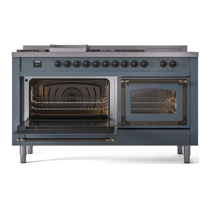 ILVE Nostalgie II Noblesse 60" Dual Fuel Freestanding Range in Blue Grey with Burnished Trim, UN60FSNMPBGB