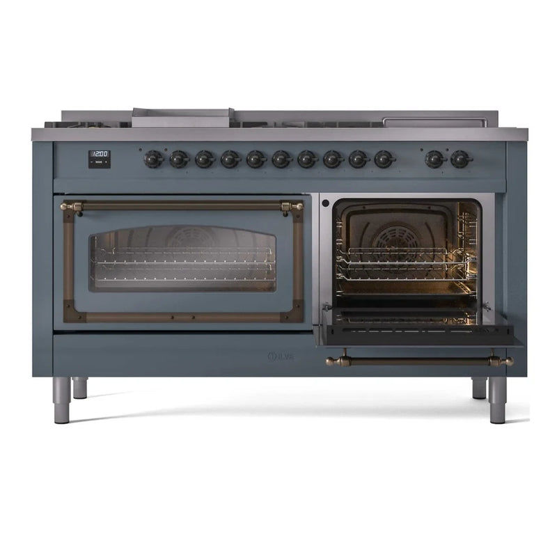 ILVE Nostalgie II Noblesse 60" Dual Fuel Freestanding Range in Blue Grey with Burnished Trim, UN60FSNMPBGB