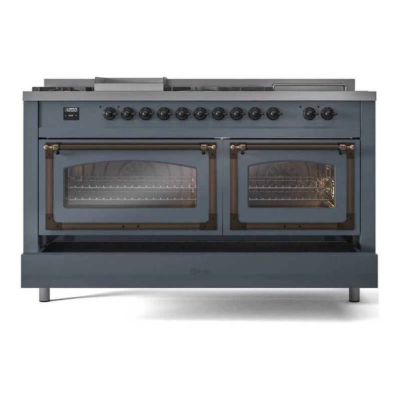 ILVE Nostalgie II Noblesse 60" Dual Fuel Freestanding Range in Blue Grey with Burnished Trim, UN60FSNMPBGB