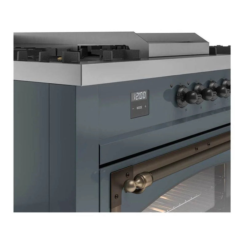 ILVE Nostalgie II Noblesse 60" Dual Fuel Freestanding Range in Blue Grey with Burnished Trim, UN60FSNMPBGB
