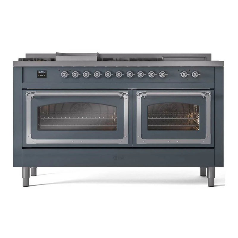 ILVE Nostalgie II Noblesse 60" Dual Fuel Freestanding Range in Blue Grey with Chrome Trim, UN60FSNMPBGCLP