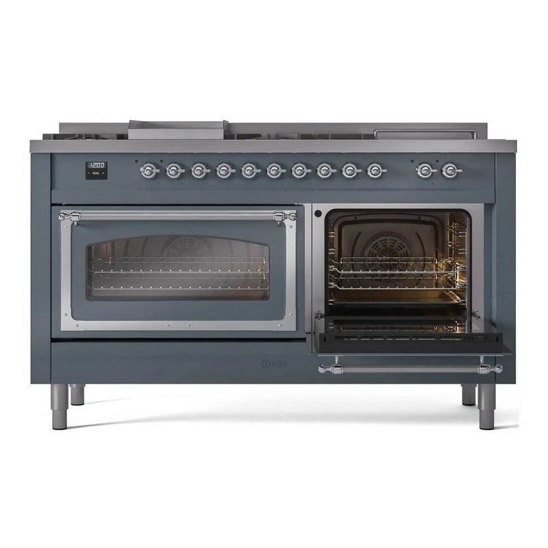 ILVE Nostalgie II Noblesse 60" Dual Fuel Freestanding Range in Blue Grey with Chrome Trim, UN60FSNMPBGCLP