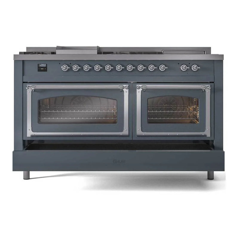 ILVE Nostalgie II Noblesse 60" Dual Fuel Freestanding Range in Blue Grey with Chrome Trim, UN60FSNMPBGCLP