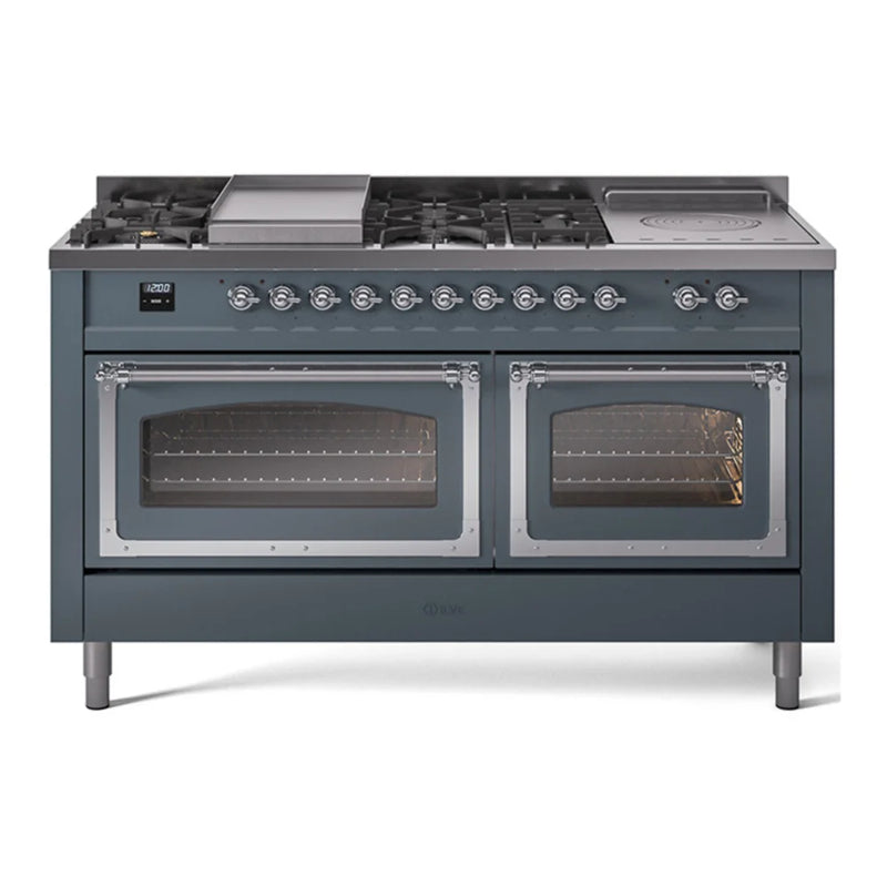 ILVE Nostalgie II Noblesse 60" Dual Fuel Freestanding Range in Blue Grey with Chrome Trim, UN60FSNMPBGC