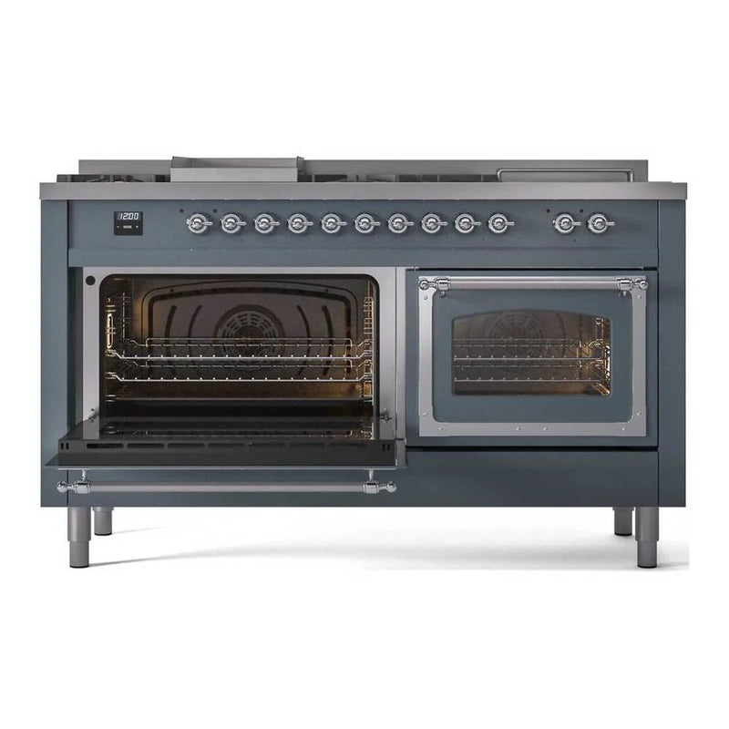 ILVE Nostalgie II Noblesse 60" Dual Fuel Freestanding Range in Blue Grey with Chrome Trim, UN60FSNMPBGC