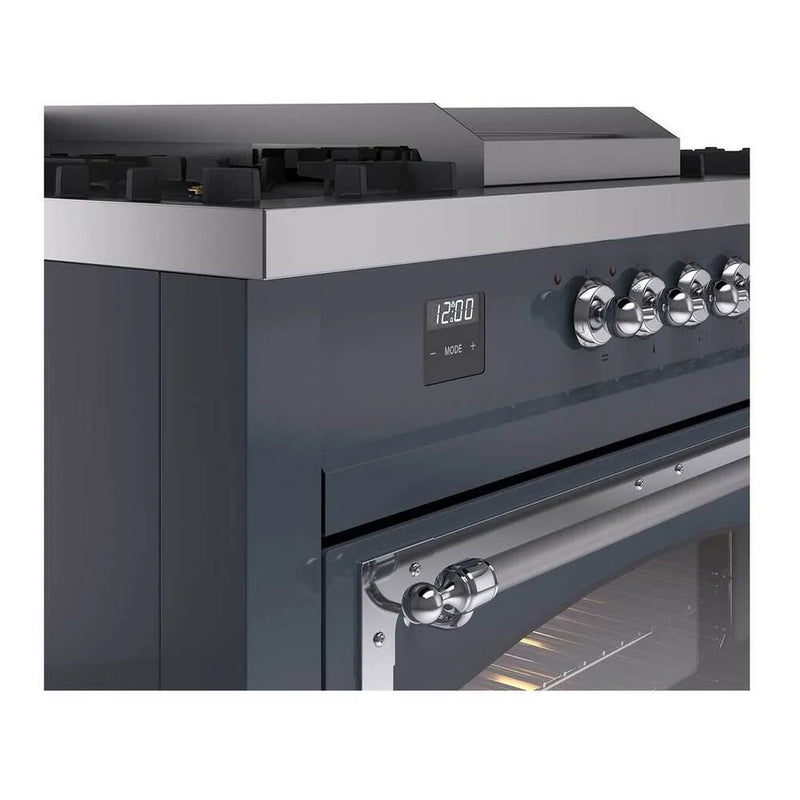 ILVE Nostalgie II Noblesse 60" Dual Fuel Freestanding Range in Blue Grey with Chrome Trim, UN60FSNMPBGC