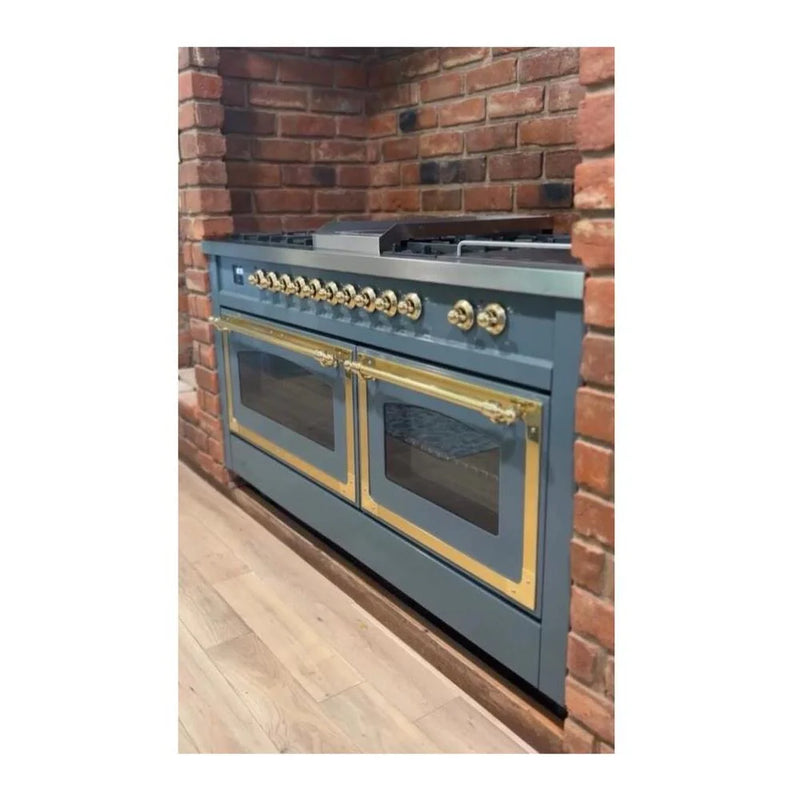 ILVE Nostalgie II Noblesse 60" Dual Fuel Freestanding Range in Blue Grey with Brass Trim, UN60FSNMPBGGLP