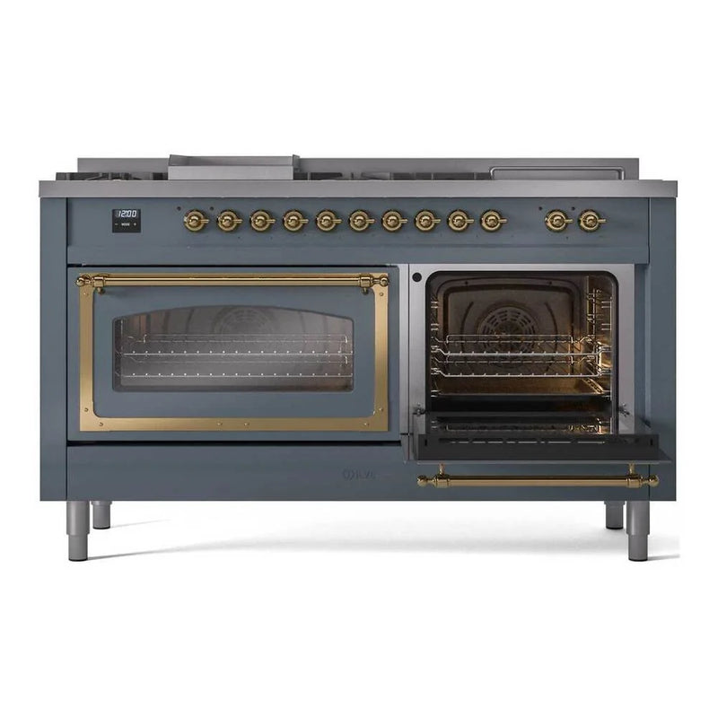 ILVE Nostalgie II Noblesse 60" Dual Fuel Freestanding Range in Blue Grey with Brass Trim, UN60FSNMPBGGLP