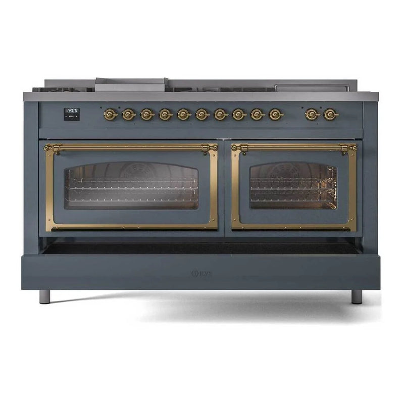 ILVE Nostalgie II Noblesse 60" Dual Fuel Freestanding Range in Blue Grey with Brass Trim, UN60FSNMPBGGLP