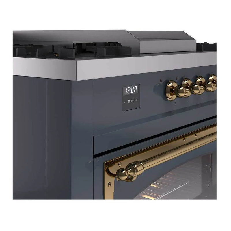 ILVE Nostalgie II Noblesse 60" Dual Fuel Freestanding Range in Blue Grey with Brass Trim, UN60FSNMPBGGLP