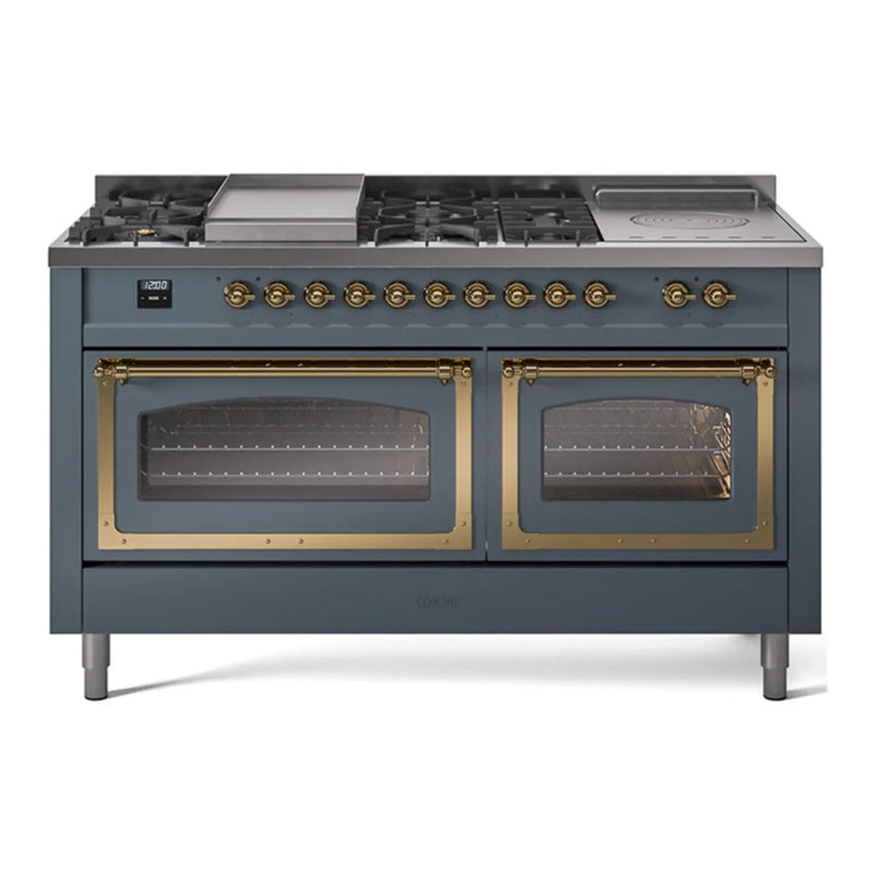 ILVE Nostalgie II Noblesse 60" Dual Fuel Freestanding Range in Blue Grey with Brass Trim, UN60FSNMPBGG