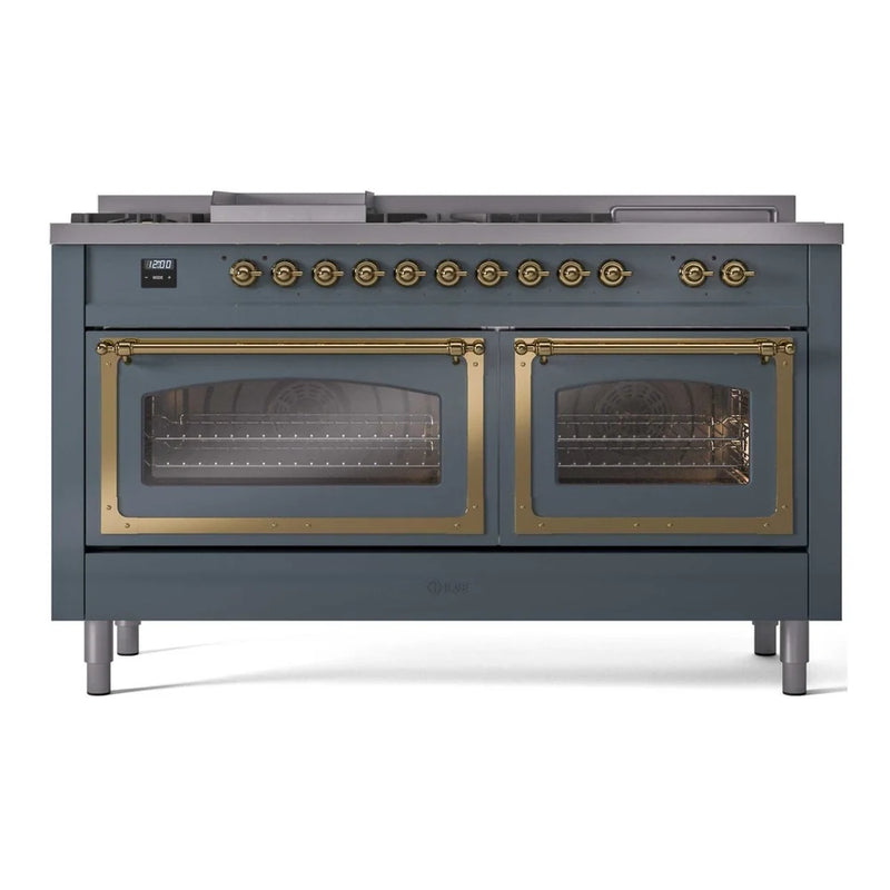ILVE Nostalgie II Noblesse 60" Dual Fuel Freestanding Range in Blue Grey with Brass Trim, UN60FSNMPBGG