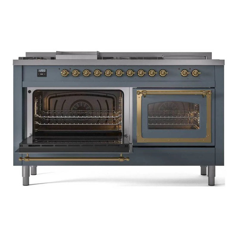 ILVE Nostalgie II Noblesse 60" Dual Fuel Freestanding Range in Blue Grey with Brass Trim, UN60FSNMPBGG