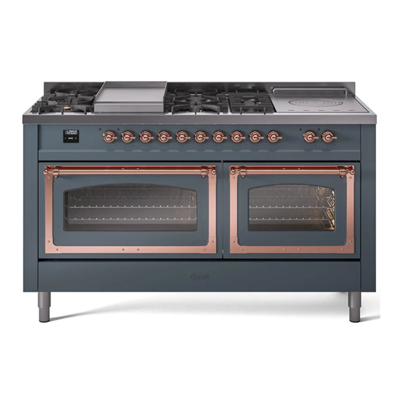 ILVE Nostalgie II Noblesse 60" Dual Fuel Freestanding Range in Blue Grey with Copper Trim, UN60FSNMPBGPLP