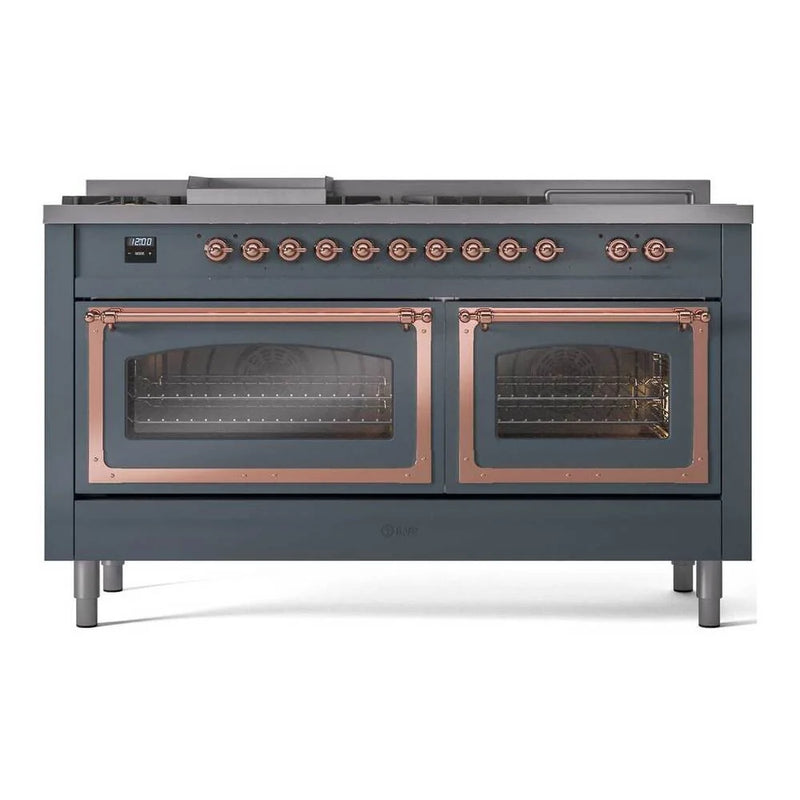 ILVE Nostalgie II Noblesse 60" Dual Fuel Freestanding Range in Blue Grey with Copper Trim, UN60FSNMPBGP