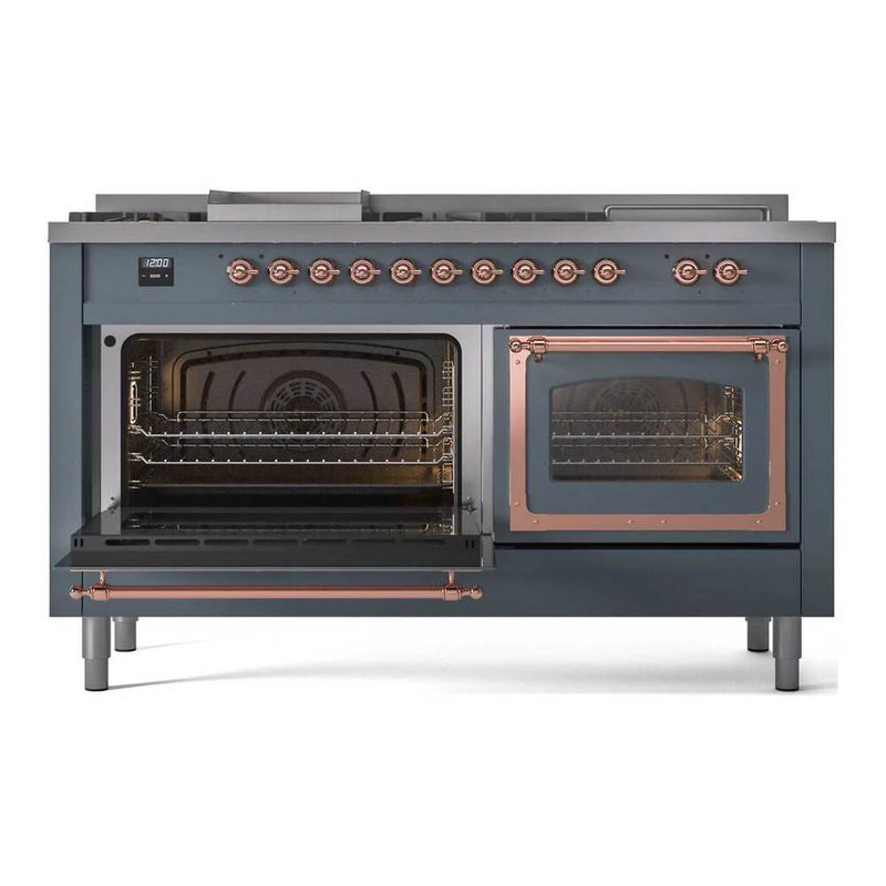 ILVE Nostalgie II Noblesse 60" Dual Fuel Freestanding Range in Blue Grey with Copper Trim, UN60FSNMPBGP