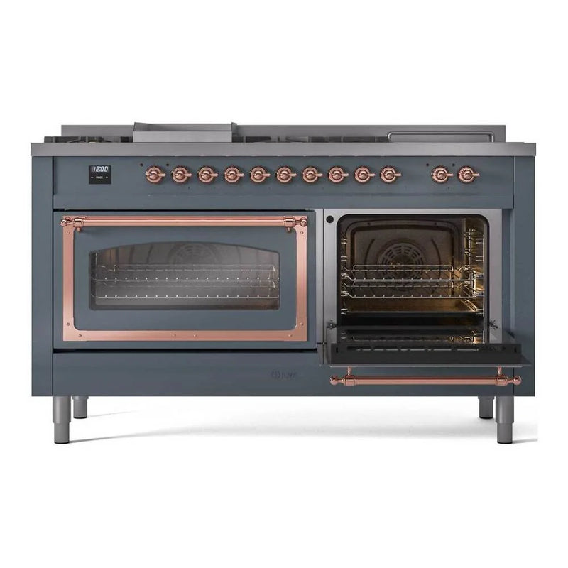 ILVE Nostalgie II Noblesse 60" Dual Fuel Freestanding Range in Blue Grey with Copper Trim, UN60FSNMPBGP