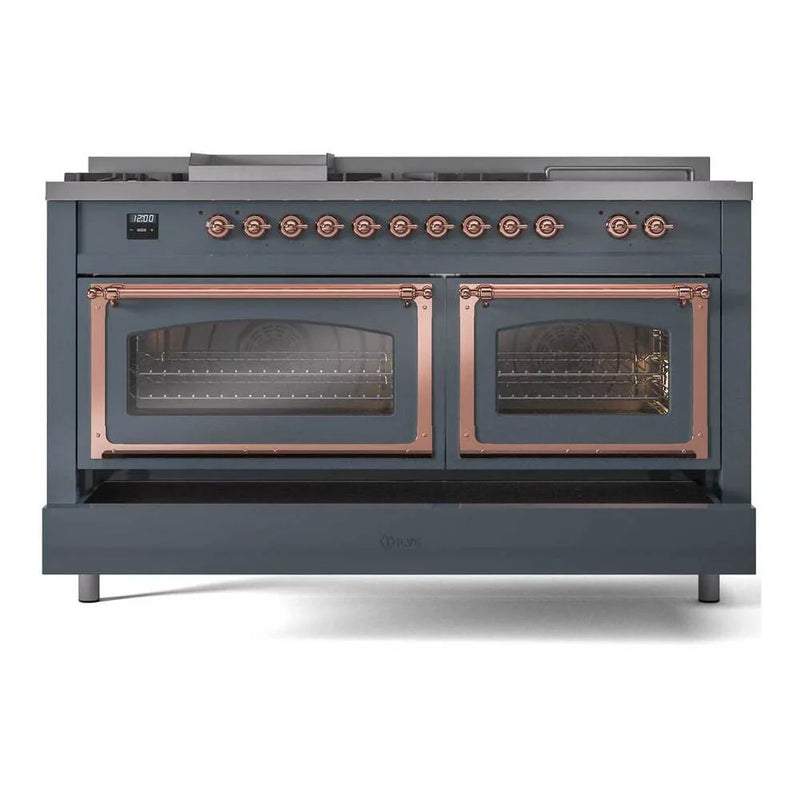 ILVE Nostalgie II Noblesse 60" Dual Fuel Freestanding Range in Blue Grey with Copper Trim, UN60FSNMPBGP