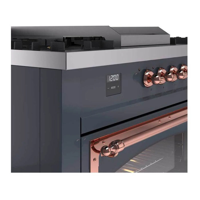 ILVE Nostalgie II Noblesse 60" Dual Fuel Freestanding Range in Blue Grey with Copper Trim, UN60FSNMPBGP