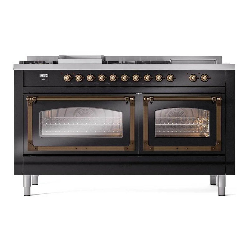 ILVE Nostalgie II Noblesse 60" Dual Fuel Freestanding Range in Glossy Black with Burnished Trim, UN60FSNMPBKBLP