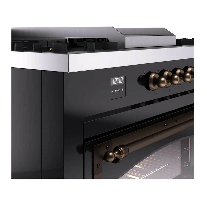 ILVE Nostalgie II Noblesse 60" Dual Fuel Freestanding Range in Glossy Black with Burnished Trim, UN60FSNMPBKBLP