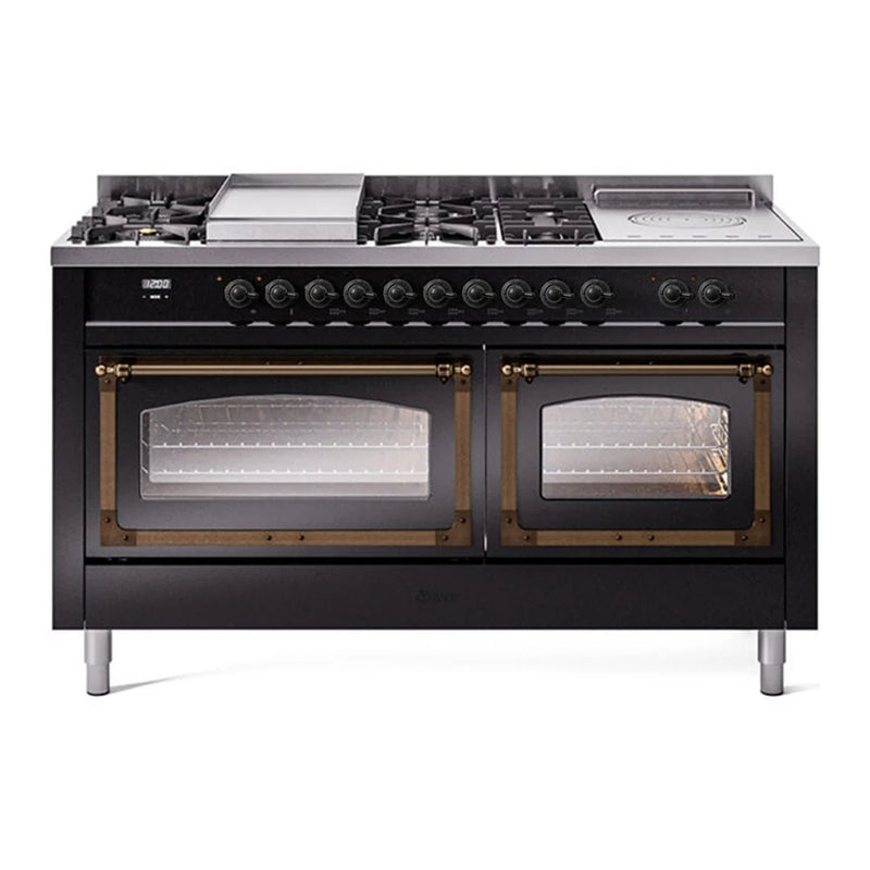 ILVE Nostalgie II Noblesse 60" Dual Fuel Freestanding Range in Glossy Black with Burnished Trim, UN60FSNMPBKB