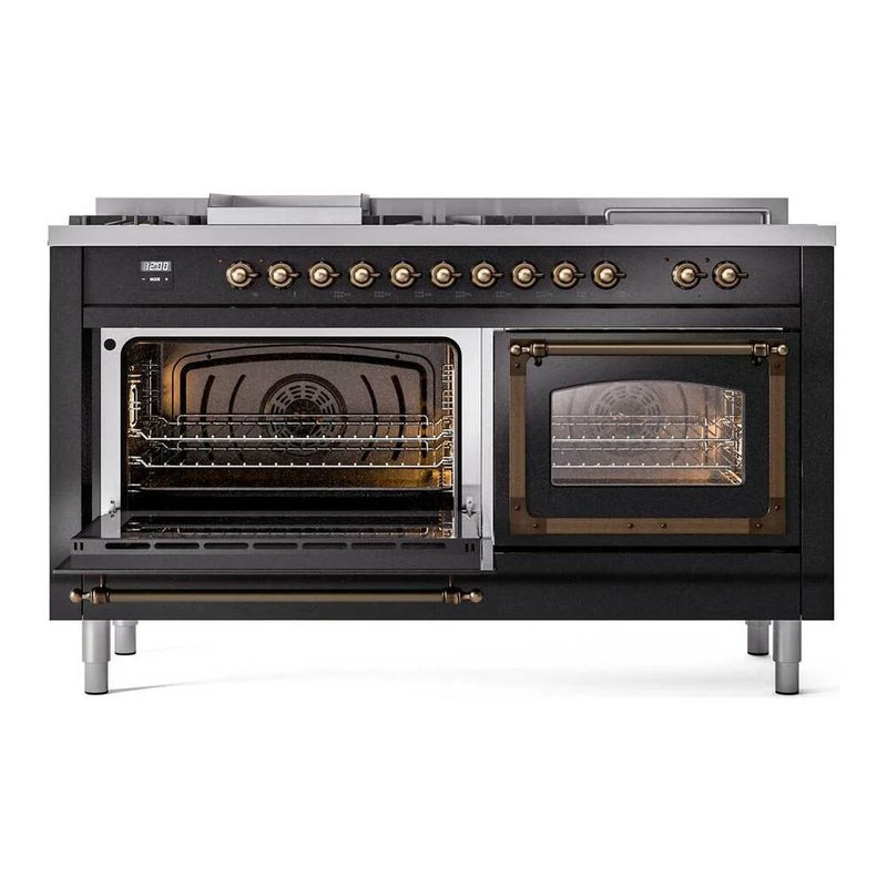 ILVE Nostalgie II Noblesse 60" Dual Fuel Freestanding Range in Glossy Black with Burnished Trim, UN60FSNMPBKB