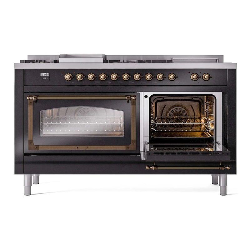 ILVE Nostalgie II Noblesse 60" Dual Fuel Freestanding Range in Glossy Black with Burnished Trim, UN60FSNMPBKB