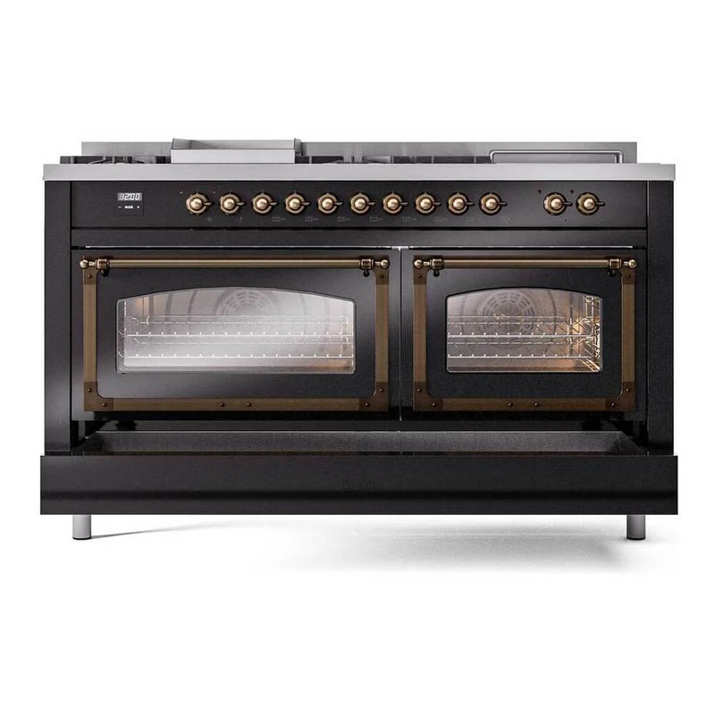ILVE Nostalgie II Noblesse 60" Dual Fuel Freestanding Range in Glossy Black with Burnished Trim, UN60FSNMPBKB
