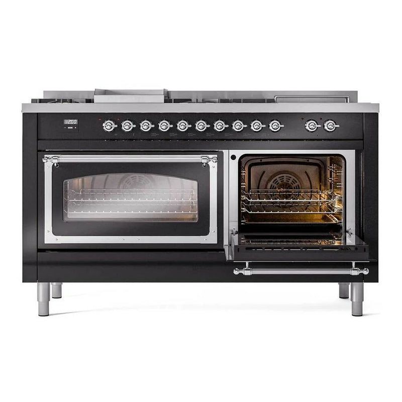 ILVE Nostalgie II Noblesse 60" Dual Fuel Freestanding Range in Glossy Black with Chrome Trim, UN60FSNMPBKCLP