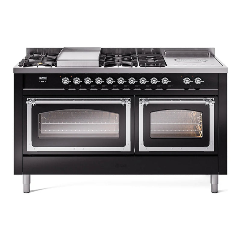 ILVE Nostalgie II Noblesse 60" Dual Fuel Freestanding Range in Glossy Black with Chrome Trim, UN60FSNMPBKC