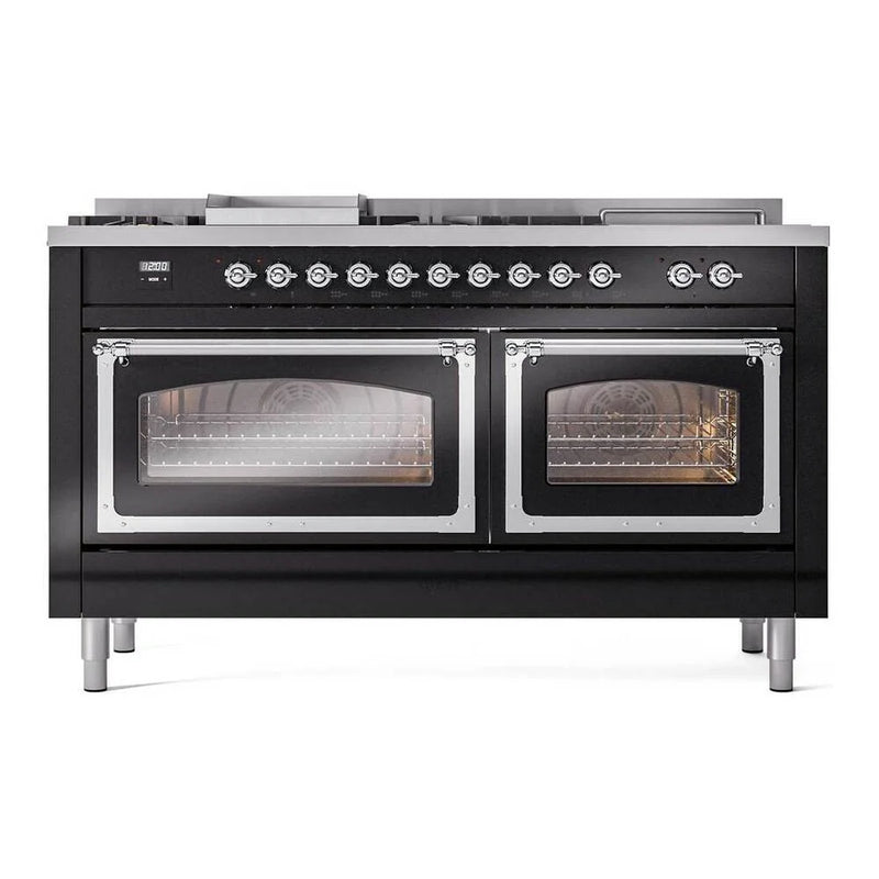ILVE Nostalgie II Noblesse 60" Dual Fuel Freestanding Range in Glossy Black with Chrome Trim, UN60FSNMPBKC