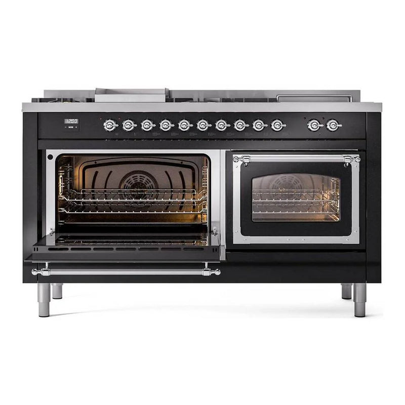ILVE Nostalgie II Noblesse 60" Dual Fuel Freestanding Range in Glossy Black with Chrome Trim, UN60FSNMPBKC