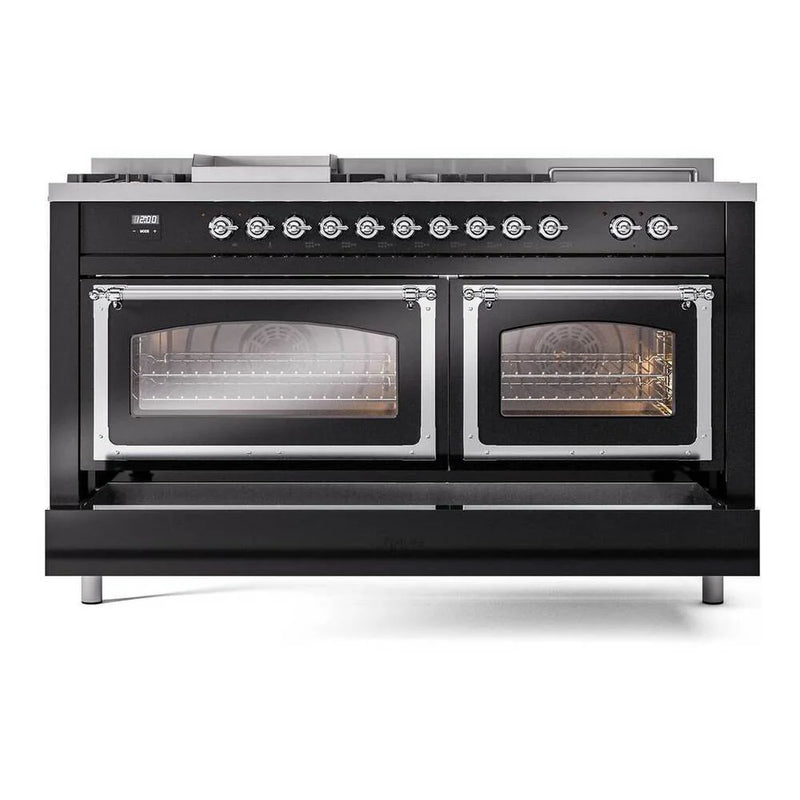 ILVE Nostalgie II Noblesse 60" Dual Fuel Freestanding Range in Glossy Black with Chrome Trim, UN60FSNMPBKC