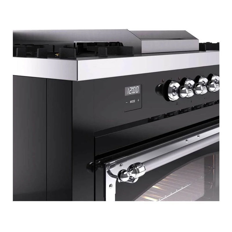 ILVE Nostalgie II Noblesse 60" Dual Fuel Freestanding Range in Glossy Black with Chrome Trim, UN60FSNMPBKC