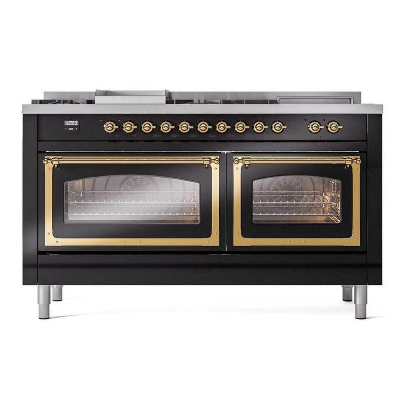 ILVE Nostalgie II Noblesse 60" Dual Fuel Freestanding Range in Glossy Black with Brass Trim, UN60FSNMPBKGLP