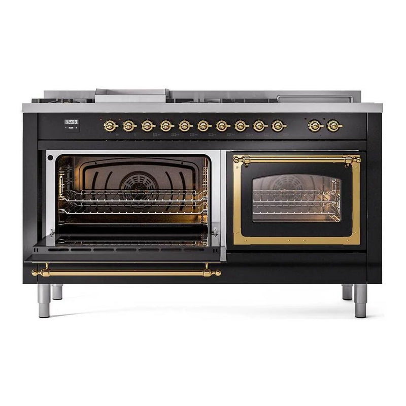 ILVE Nostalgie II Noblesse 60" Dual Fuel Freestanding Range in Glossy Black with Brass Trim, UN60FSNMPBKGLP