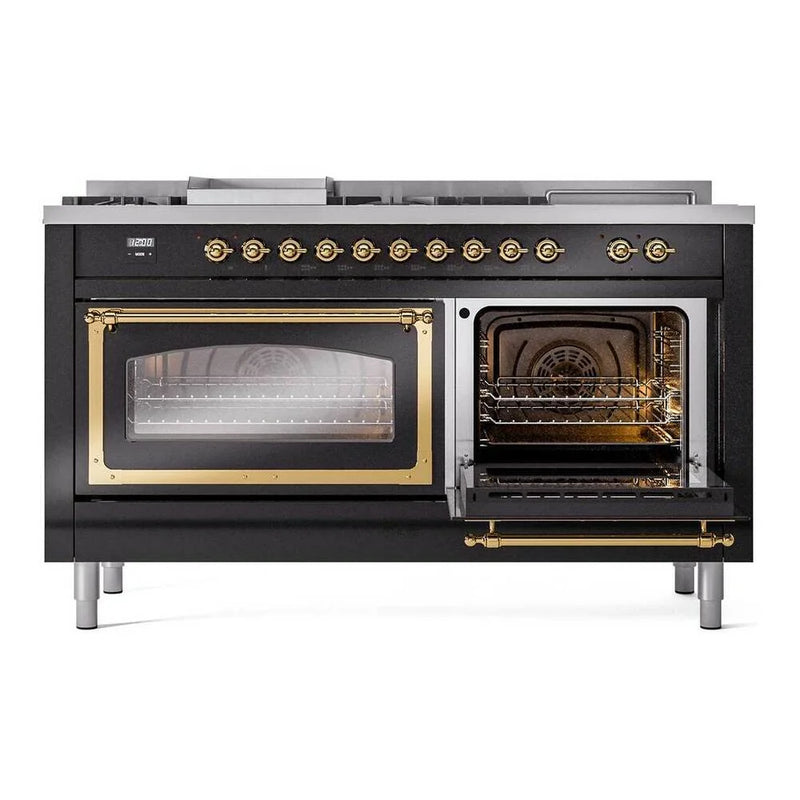 ILVE Nostalgie II Noblesse 60" Dual Fuel Freestanding Range in Glossy Black with Brass Trim, UN60FSNMPBKGLP
