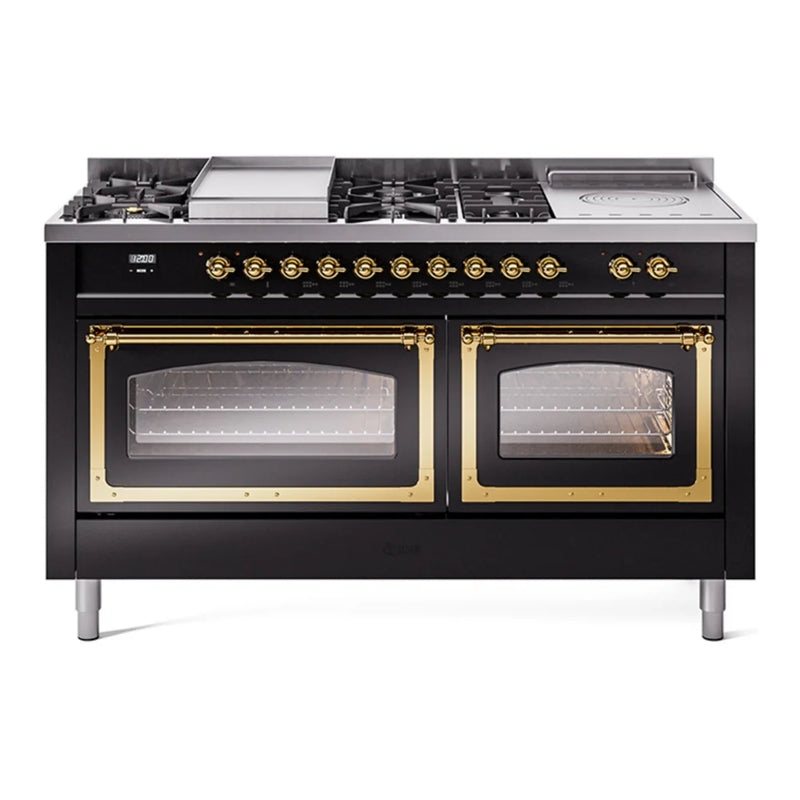 ILVE Nostalgie II Noblesse 60" Dual Fuel Freestanding Range in Glossy Black with Brass Trim, UN60FSNMPBKG